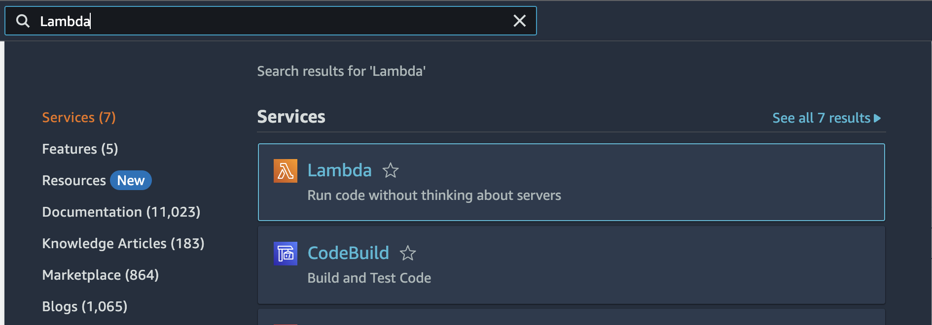 AWS search for "Lambda"
