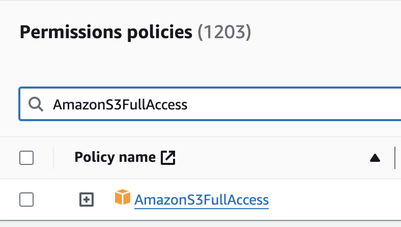 AWS search for "AmazonS3FullAccess"