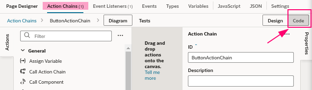 Switch from Design to Code in Action Chains for the button